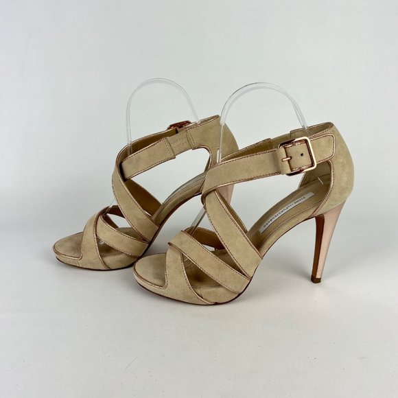 Diane von Furstenberg Jodi Beige Suede Strappy Platform Sandal Heels size 8 - Picture 3 of 16